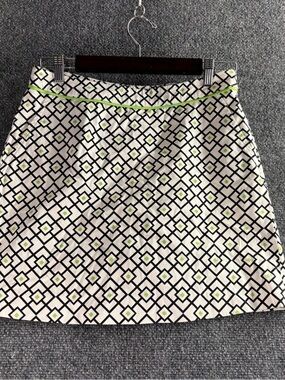 Fairway & Greene White A-Line Skirt with Black Geometric Print and Lime Accents